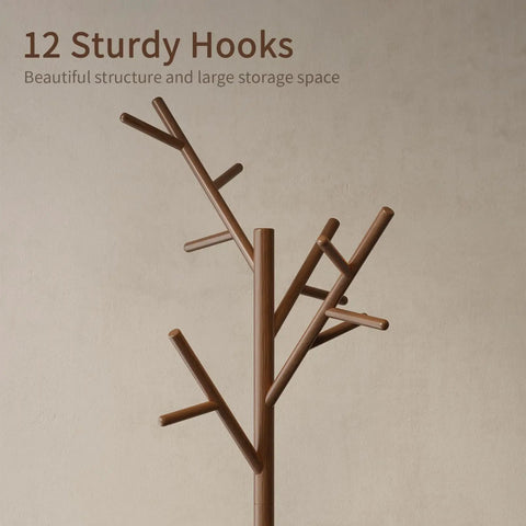 Solid Wood Coat Rack Freestanding Tree With 12 Hooks And 3 Height Levels Adjustable Coat Stand For Entryway Or Bedroom A Real Game Changer For Coats Hats Bags And Scarves Walnut Finish showing hook details.