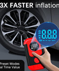 Hand using All In One Portable Tire Inflator And Jump Starter Kit with LED display against car tire, shows pressure gauge.