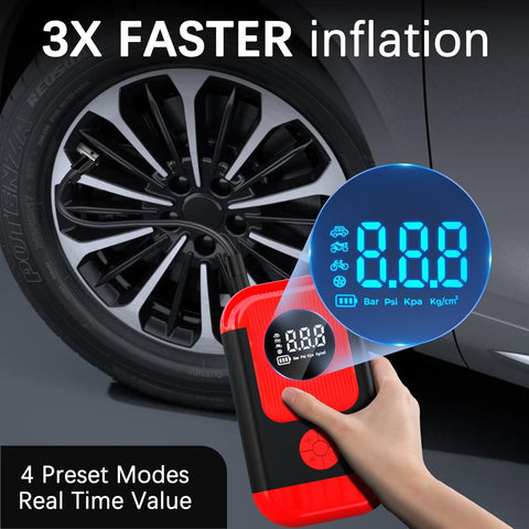 Hand using All In One Portable Tire Inflator And Jump Starter Kit with LED display against car tire, shows pressure gauge.
