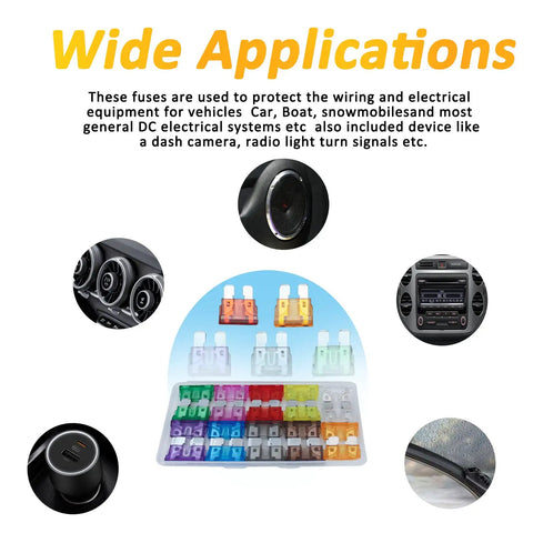 Built Tough Standard Blade Fuses Assortment Kit 30 Pack showing different colored fuses for automotive electrical applications.