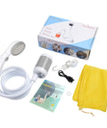 On The Go Portable Electric Camping Shower With Built In 5000mAh Battery shown with hose, accessories, and packaging