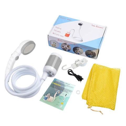 On The Go Portable Electric Camping Shower With Built In 5000mAh Battery shown with hose, accessories, and packaging