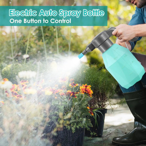 Half Gallon Electric Spray Bottle Mister For Indoor And Outdoor Plants in use, spraying flowers with adjustable nozzle