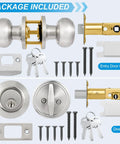 4 Pack Exterior Door Lock Set With Satin Nickel Knobs And Deadbolts package contents including keys and hardware