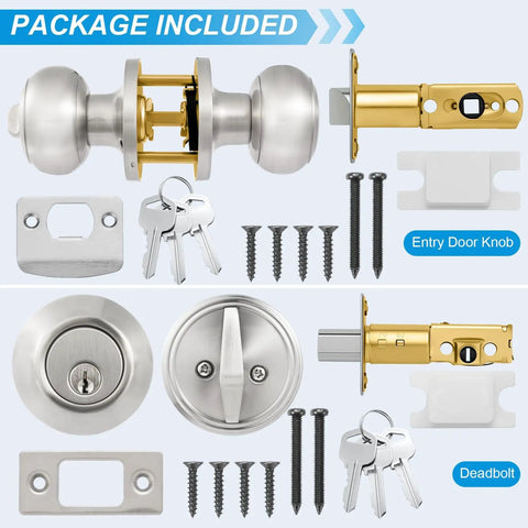4 Pack Exterior Door Lock Set With Satin Nickel Knobs And Deadbolts package contents including keys and hardware