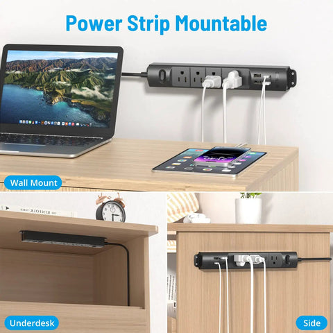 Ultra Thin Surge Protector Power Strip With USB A And Type C, Flat Plug, 15 Ft Cord, four outlets mounted on desk and wall.