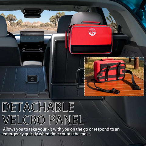 First aid kit, red Falcon Rescue bag inside a vehicle with detachable Velcro panel