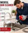Heavy Duty 33 Foot Drain Snake Auger, No Sweat Plumbing Tool That Knocks Out Stubborn Hair Clogs From Bathroom Sinks Tubs And Kitchen Drains, Real Deal Drain Cleanser Comes With Thick Gloves in use over a kitchen sink.