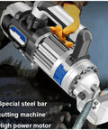 AOXHUGB Electric Rebar Bender And Hydraulic Pliers Cutter With Four Hole Pump Body, close-up of high power motor cutting steel bars.