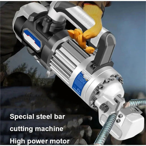 AOXHUGB Electric Rebar Bender And Hydraulic Pliers Cutter With Four Hole Pump Body, close-up of high power motor cutting steel bars.