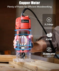 Copper motor Beefy 630W Wood Router Tool With Fixed Base, Compact Design, 35000 RPM used in woodworking on wooden surface