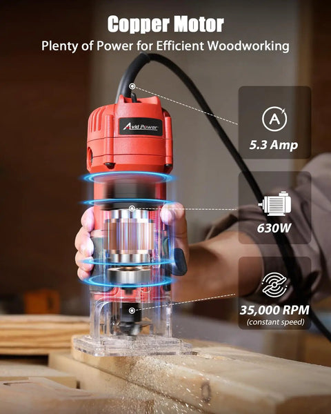 Copper motor Beefy 630W Wood Router Tool With Fixed Base, Compact Design, 35000 RPM used in woodworking on wooden surface
