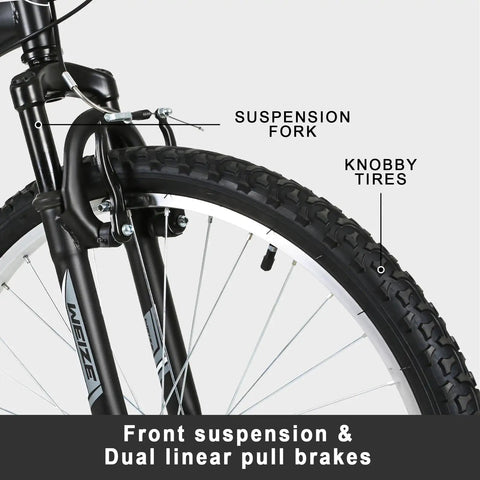 Close-up of 24 Inch Kids Mountain Bike With Dual Full Suspension And 6 Speed Drivetrain, showing front suspension fork and knobby tire