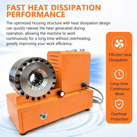 Close-up of Top Notch Portable Electric Hydraulic Hose Crimper Machine With Limit Switch And Updated Housing highlighting heat dissipation features.
