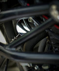 Close-up of Telescoping Inspection Mirror With 2-Inch Diameter Extends Up To 28 Inches Multi-Angle Ball Joint Neck And Stainless Steel Antenna inspecting engine components