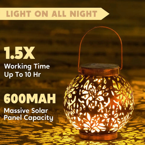 Two Pack Outdoor Solar Hanging Lantern Lights With Handle Waterproof Tabletop LED Moroccan Style Metal Garden Lanterns glowing at night