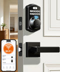 Built In WiFi Fingerprint Smart Lock With Lever Handle Set No Hub Needed App Remote Control Keyless Front Door Entry Deadbolt