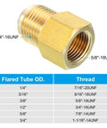 Beefy Brass Flare Fitting Three Eighths Inch Female To One Half Inch Male SAE 45 Degree Flare Adapter with threading details