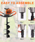 Assembly steps and view of Gas Powered Post Hole Digger Auger With 62CC Engine And 2 Stroke Power Includes 6 Inch And 8 Inch Drill Bits