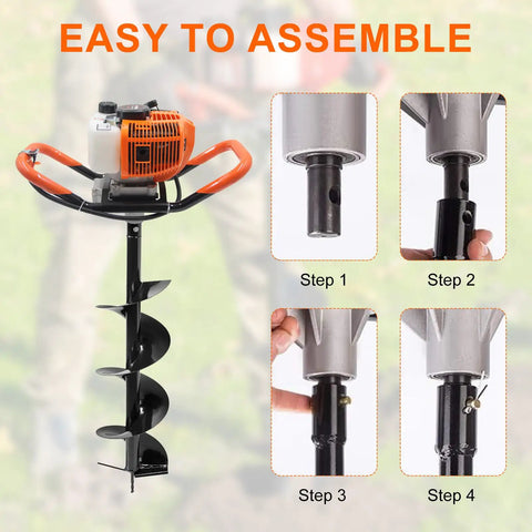 Assembly steps and view of Gas Powered Post Hole Digger Auger With 62CC Engine And 2 Stroke Power Includes 6 Inch And 8 Inch Drill Bits