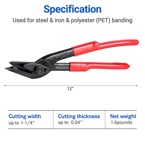 Heavy Duty 12 Inch Strapping Cutter With Wide Blade, Chrome Vanadium Steel banding shears cutting steel and PET straps.