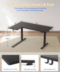Yihayo 55 Inch L Shaped Electric Standing Desk, Reversible Corner with dimensions and features like adjustable foot pads.