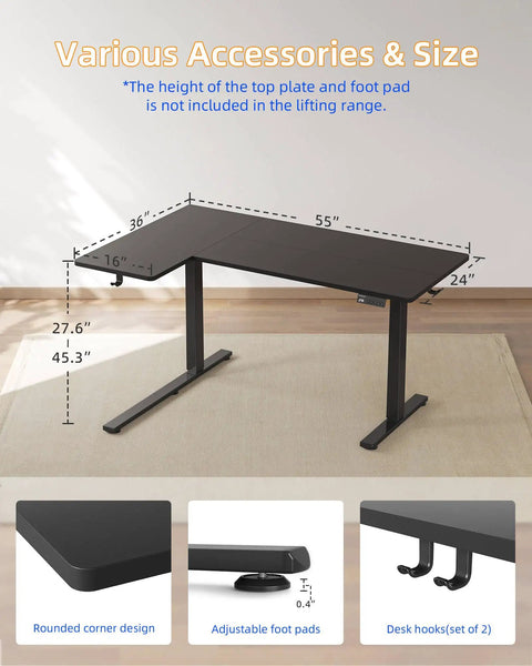 Yihayo 55 Inch L Shaped Electric Standing Desk, Reversible Corner with dimensions and features like adjustable foot pads.