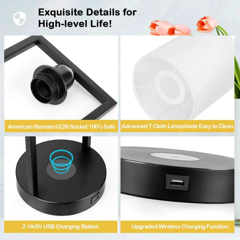 Wireless Charging Table Lamps Set Of 2 With 3-Way Dimmable Touch Control, close-up of E26 socket, lamp shade, and USB station.