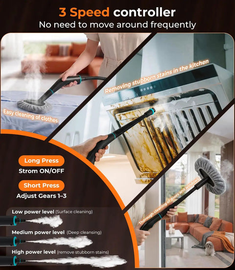 Handheld Steam Cleaner With Dual Core Fast Heating And One Point Eight Liter Tank For Homes Kitchens Bathrooms And Cars Generates Hella Hot Vapor that easily cleans clothes and stubborn kitchen stains.