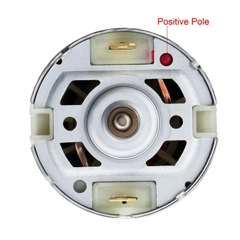 Pro Grade Rs550 21V Dc Gearmotor With 8 Tooth Conical Saw Drive close-up view showing positive pole and motor design for robotics.