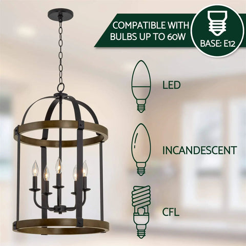 5 Light Rustic Farmhouse Lantern Chandelier With Black Metal Frame And Walnut Bird Cage Finish Perfect Over Kitchen Island Or Dining Table Totally Boss Foyer Pendant Lighting For Staircase And Entryway, bulb compatibility chart, E12 base.