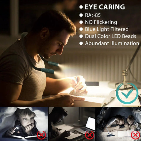 Man using Neck Reading Light For Reading In Bed Hands Free With 6 Brightness Levels And 360 Degree Flexible Arms for bedtime reading