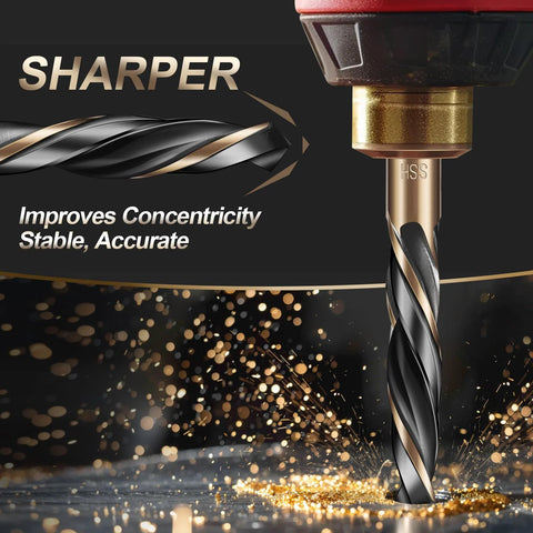 Front view of black and gold coated HSS drill bit with hex shank.