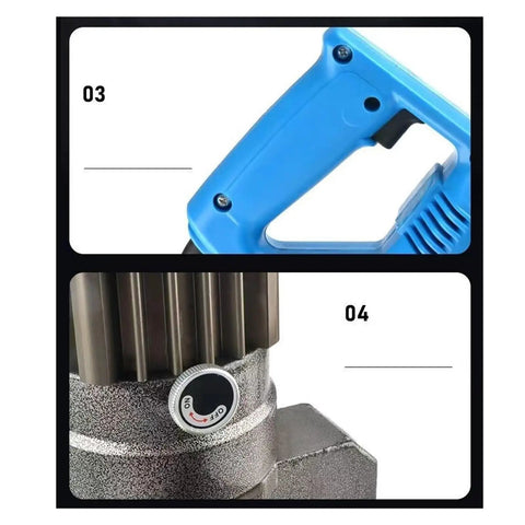 Heavy-Duty Hydraulic Rebar Cutter, 1800W Electric Angle Iron Shear For Quick Chamfering And Beveling, No-Fuss Handheld Metal Cutter Built To Kick Some Steel At Demolition Sites And Framing Jobs, showing blue handle and metal base.