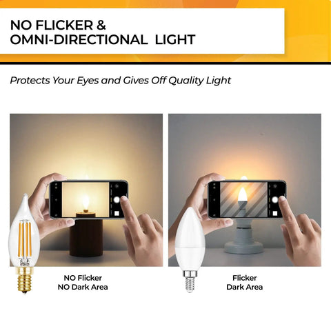 Comparison of no flicker E12 LED candle bulb and flickering bulb illuminating a room, showcasing Soft Warm White E12 LED Candle Bulbs 90 Plus CRI Dimmable Flame Tip CA10 Chandelier Bulbs 4W 450 Lumens 2700K 40W Equivalent UL Listed Pack Of 6 Energy Efficient Great For Any Room Or Dining Area.