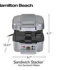 Hamilton Beach Sandwich Stacker Toaster Oven Grilling Machine For Homemade Hot Pizzas, Melts, Subs, And Quick Breakfast Or Dinner Favorites With Easy Nonstick Plates And Customizable Design dimensions with timer and nonstick plates.