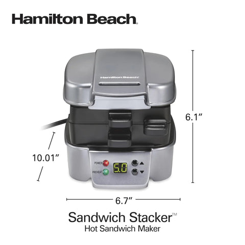 Hamilton Beach Sandwich Stacker Toaster Oven Grilling Machine For Homemade Hot Pizzas, Melts, Subs, And Quick Breakfast Or Dinner Favorites With Easy Nonstick Plates And Customizable Design dimensions with timer and nonstick plates.