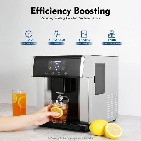 Countertop Ice Maker 2 In 1 Water Dispenser Drop Dead Fast Round Ice Maker showing ice cubes being dispensed into a glass.
