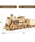 3D Wooden Puzzle Kit For Adults Mechanical Train Model One Eighty Scale Prime Steam Express No Glue Needed side view with dimensions