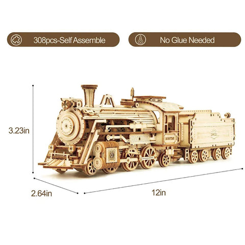 3D Wooden Puzzle Kit For Adults Mechanical Train Model One Eighty Scale Prime Steam Express No Glue Needed side view with dimensions