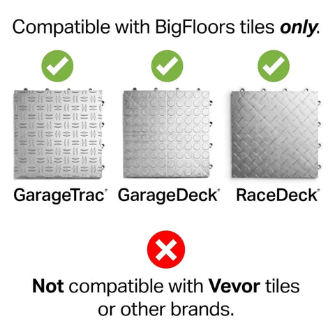 Compatibility chart showing checkmarks for GarageTrac, GarageDeck, RaceDeck; not compatible with Vevor tiles.