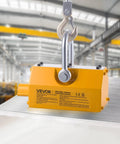 Front view of VEVOR permanent magnetic lifter with release handle and steel hook, yellow housing
