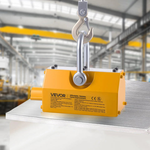 Front view of VEVOR permanent magnetic lifter with release handle and steel hook, yellow housing