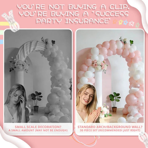 Comparison of balloon arches with 30 Pack Must Have Balloon Arch Clips Clear Plastic Spring Clamps.