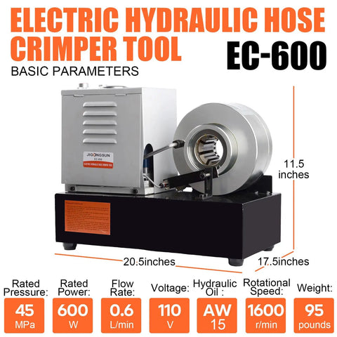 Pro Grade Hydraulic Hose Crimping Machine With 8 Dies Set For Automotive Repair Excavators Farm And Construction Equipment Portable 110V Heavy Duty Crimper Tool On The Job Workhorse, EC-600 20.5x17.5x11.5 inches