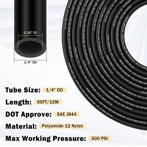 Brass DOT Air Fittings Kit With Fifty Feet One Quarter Inch Air Line, showing specifications and black pneumatic tubing details