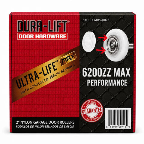 Heavy Duty Nylon Garage Door Rollers With Sealed 6200ZZ Bearings And 2 Inch Wheels in a retail box.