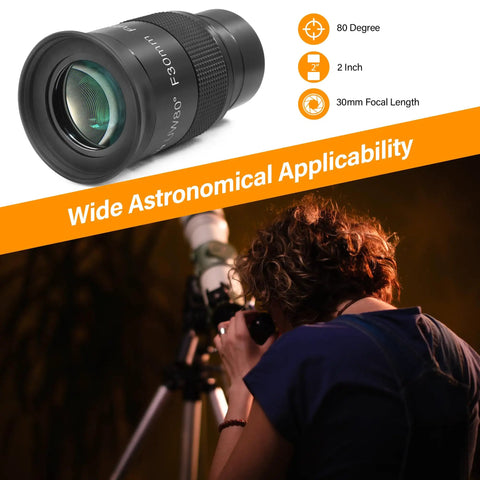 2 Inch 30mm Eyepiece With 80 Degree Ultra Wide Field Of View For Telescopes shown with person stargazing