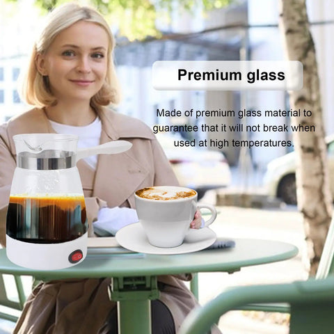 Woman enjoying coffee at a table with Electric Turkish Coffee Pot 600ML Quick Heat Coffee Maker With Glass Carafe 600W For Turkish Coffee