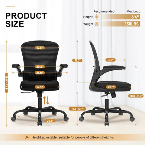 Dimensions of Ergonomic Mesh Desk Chair With 330Lbs Capacity, High Back Support, Flip Up Armrests, Adjustable Lumbar in inches shown.